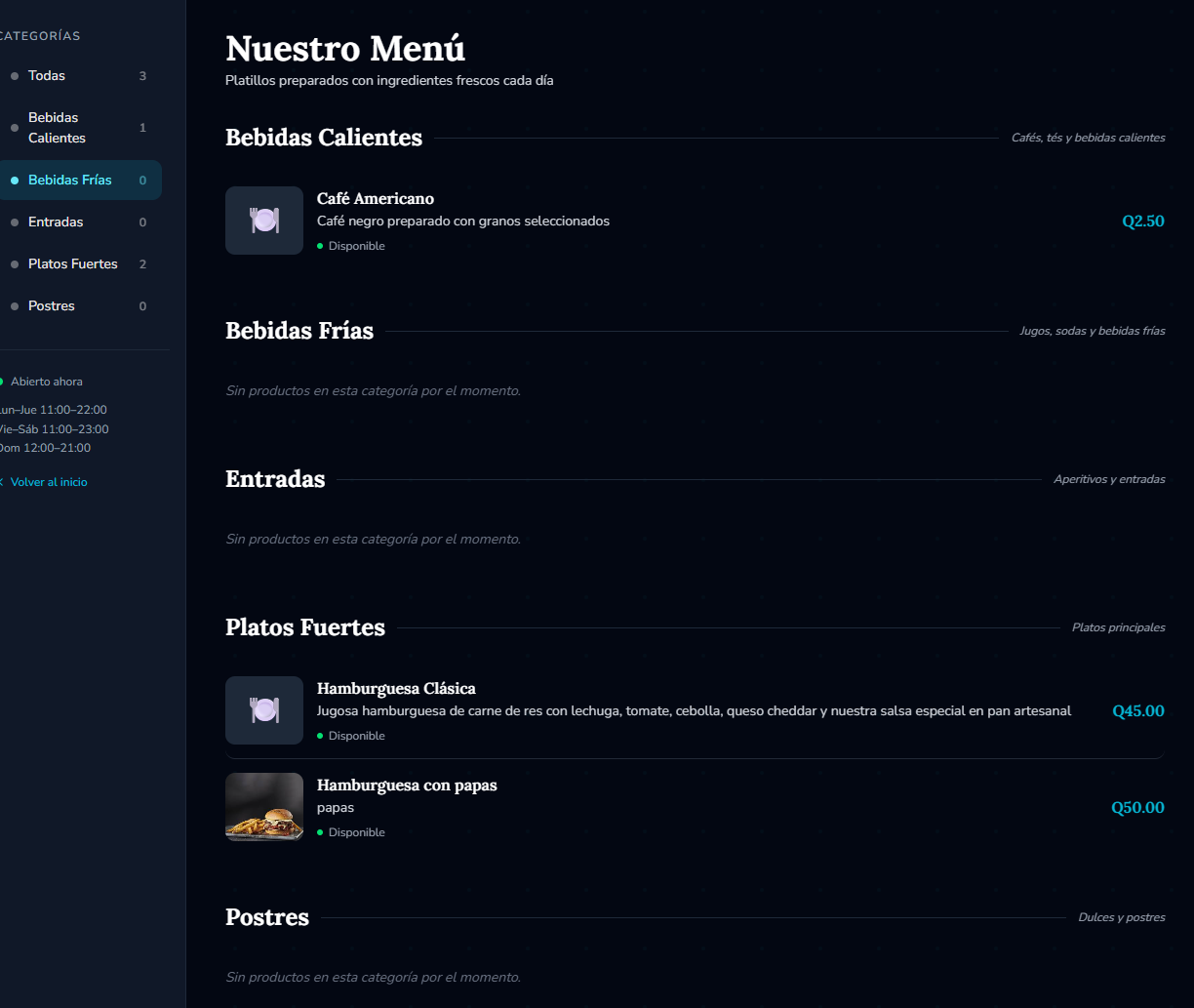 Menú digital del sistema de restaurantes